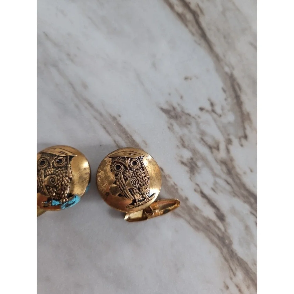 Vintage Goldtone Wise Old Owl Button Cufflinks Unsigned